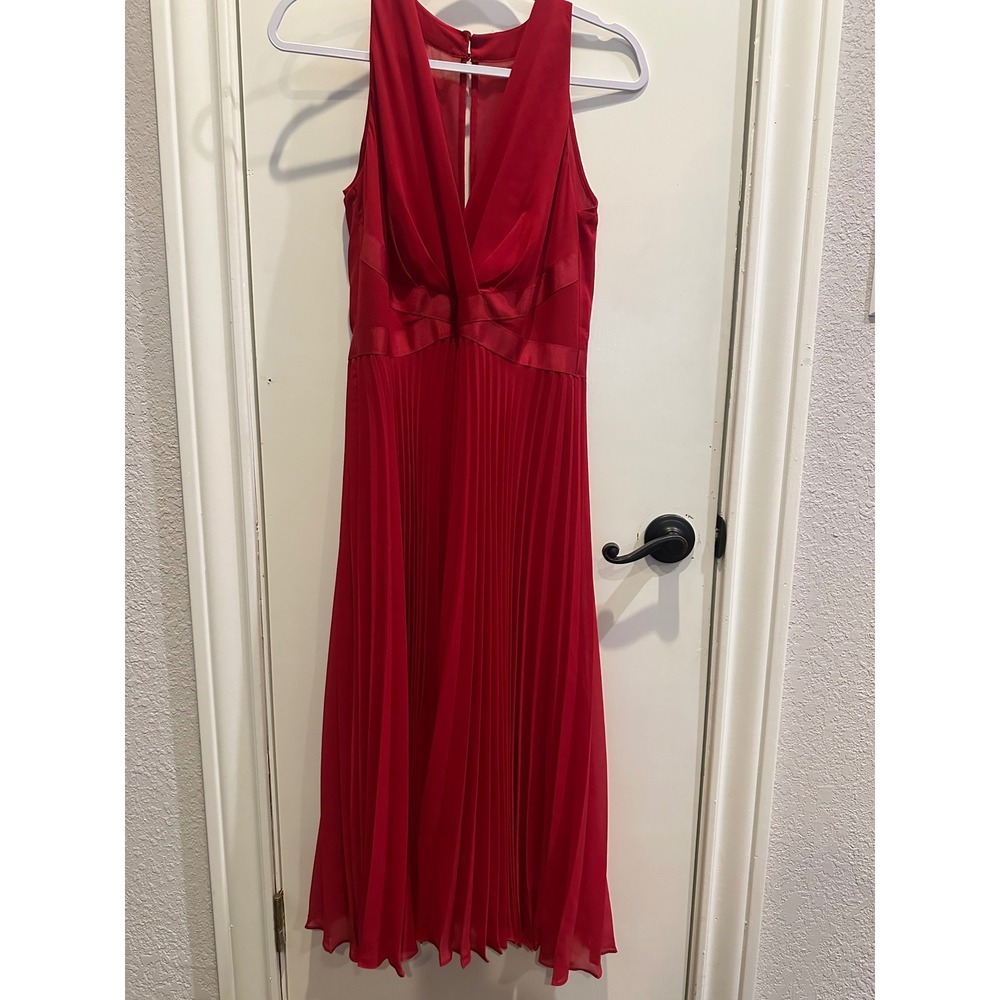 White House Black Market Red Pleated Surplice Midi Dress Grosgrain Trim Womens 6